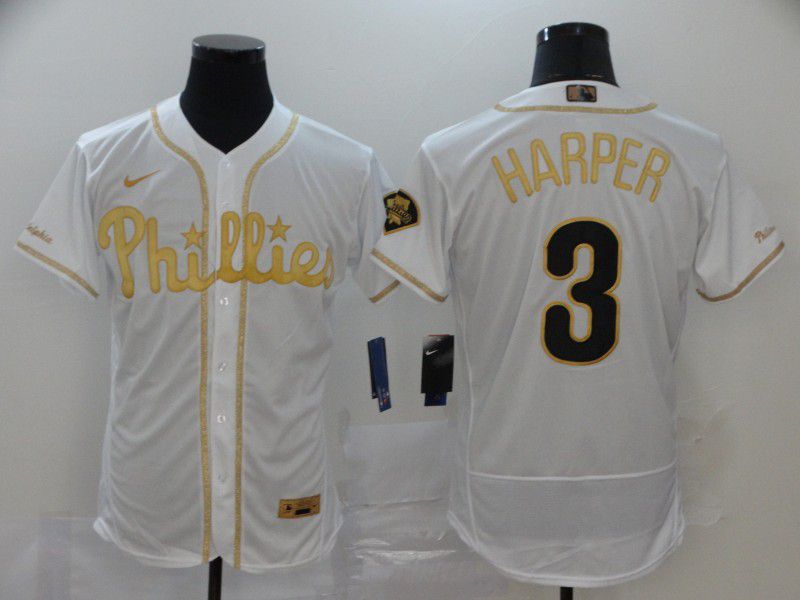 Men Philadelphia Phillies #3 Harper White Retro gold character Nike MLB Jerseys